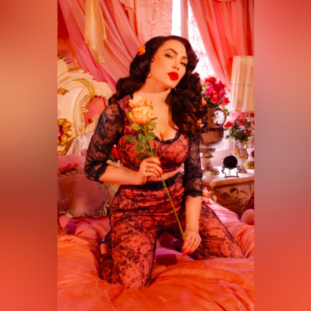 OFFERS WELCOME Vixen by Micheline Pitt pink and Black Lace Crop Top